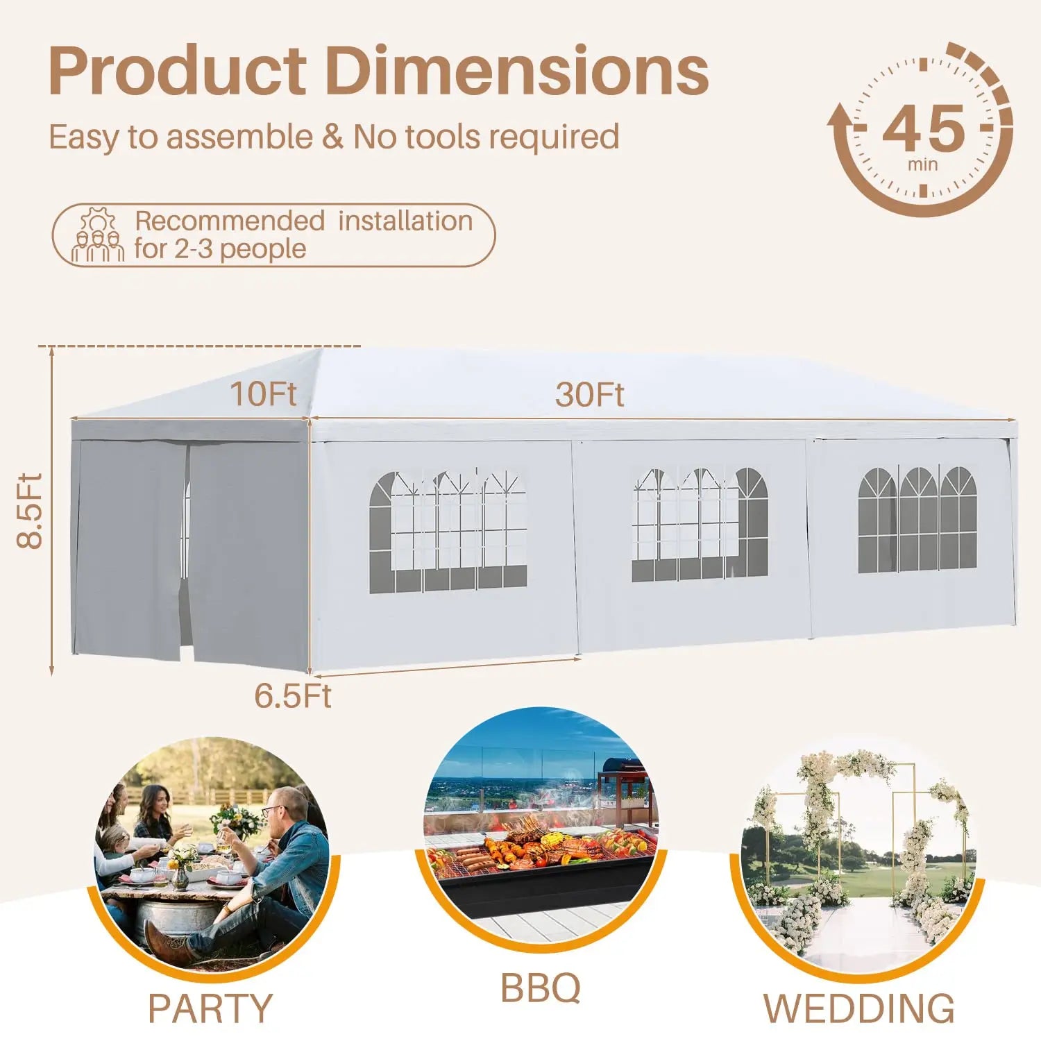 Abri de jardin 10x30 avec 6 parois latérales amovibles, gazebo robuste pour terrasse, camping, fêtes, mariages, événements, personnalisable