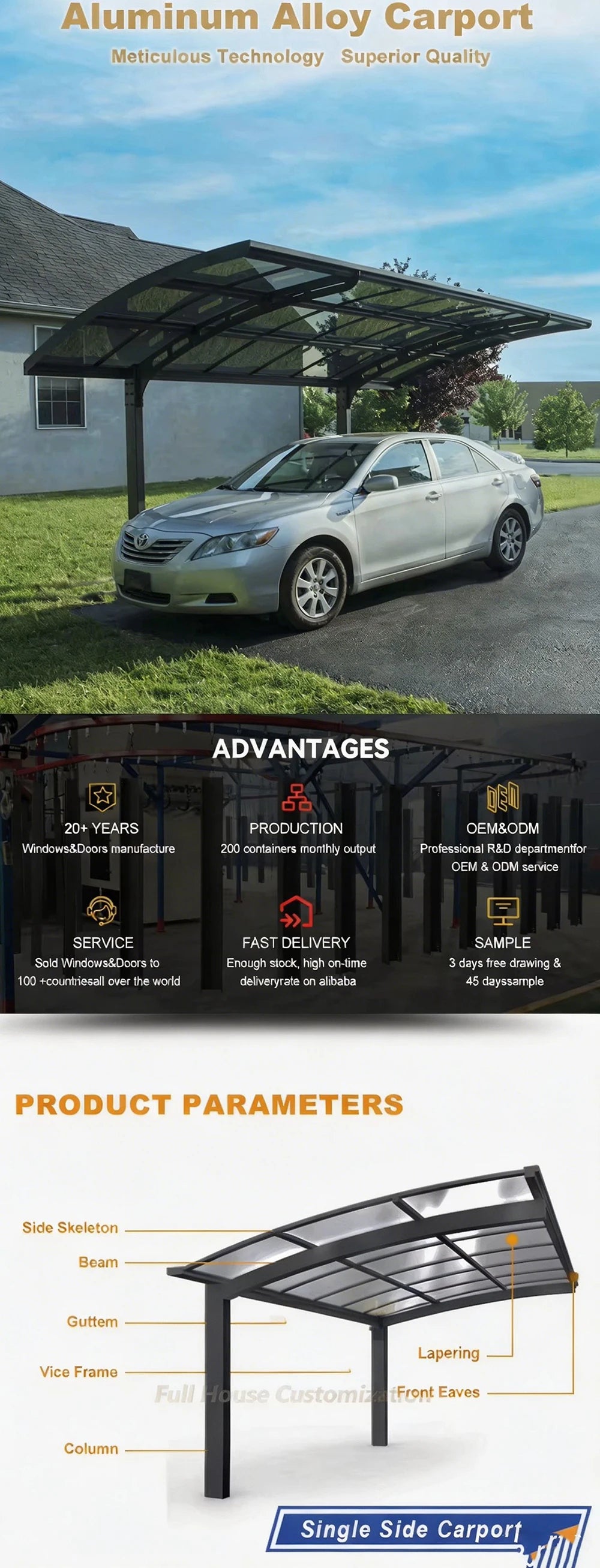 Aluminum Carport Canopy Permanent Outdoor Shelter Waterproof Gazebo Bioclimatic Terrace Shed for Driveway or Patio Protection