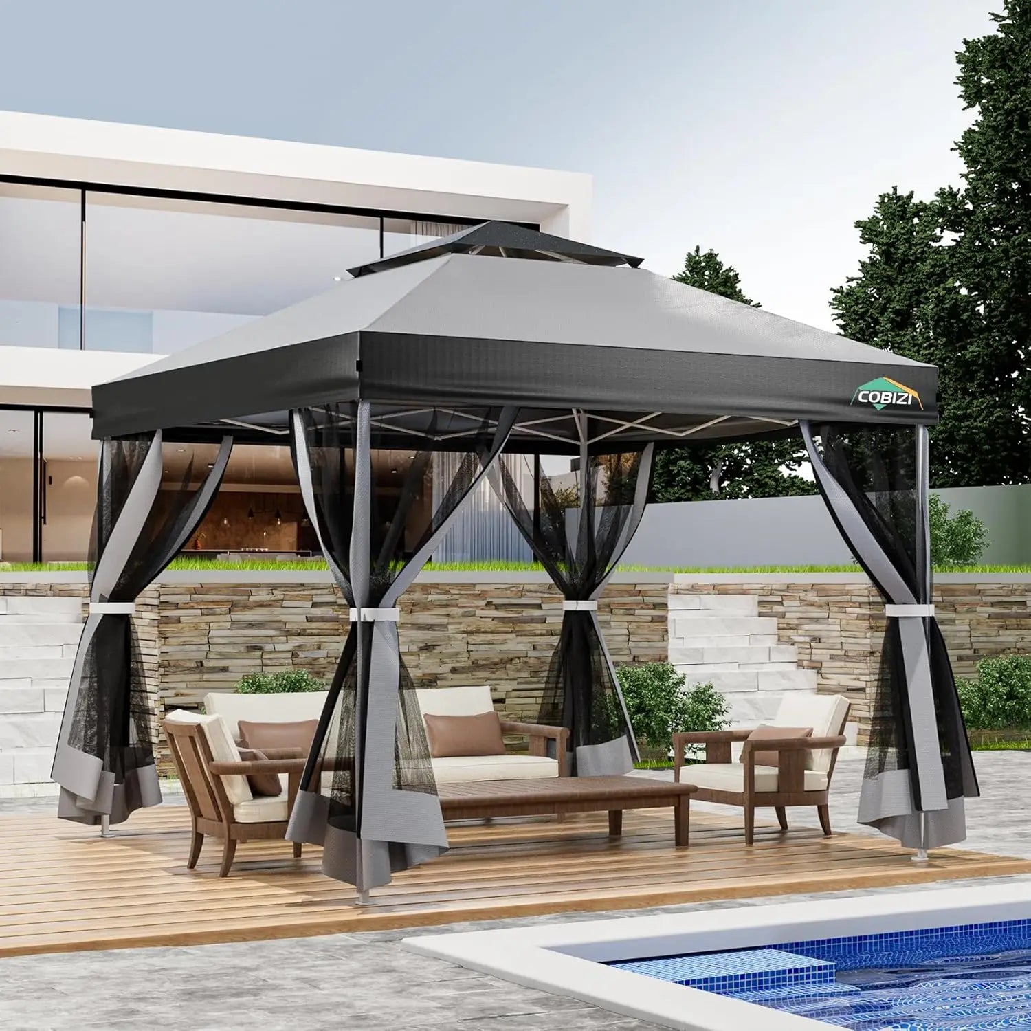 10x10 Pop Up Gazebo Canopy Tent with Mosquito Netting Vented Roof Metal Frame Easy Setup for Backyard Camping Deck Beach, Custom