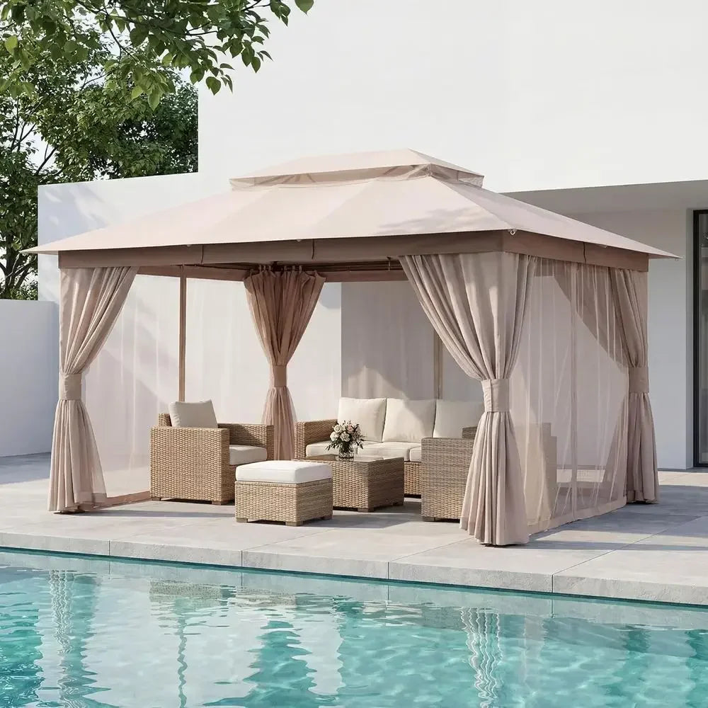 10'x13' Outdoor Gazebo with Double Roof, Mosquito Net, and Privacy for Backyard Parties and Events