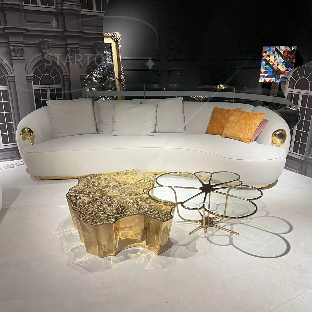 Luxury Modern Designs Living Room Furniture White Beige Hammered Brass Latest Sofa Set