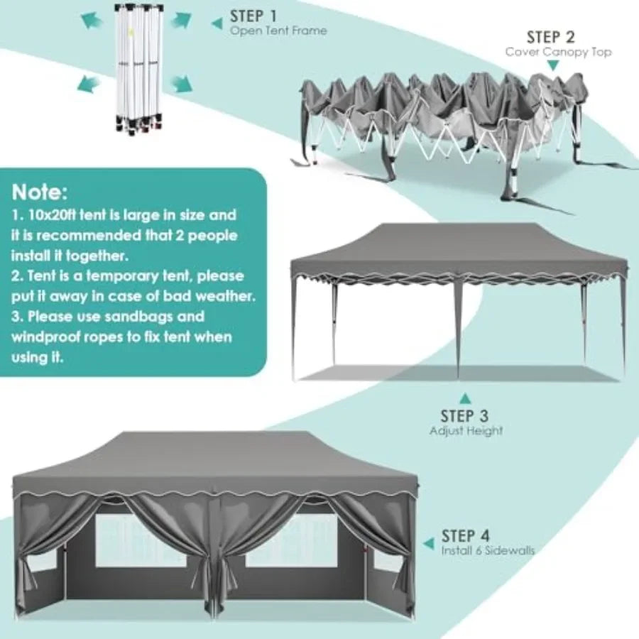 Tente pop-up 10x20 pieds avec 6 parois latérales, tente de réception robuste, hauteur réglable, grand gazebo commercial, protection solaire