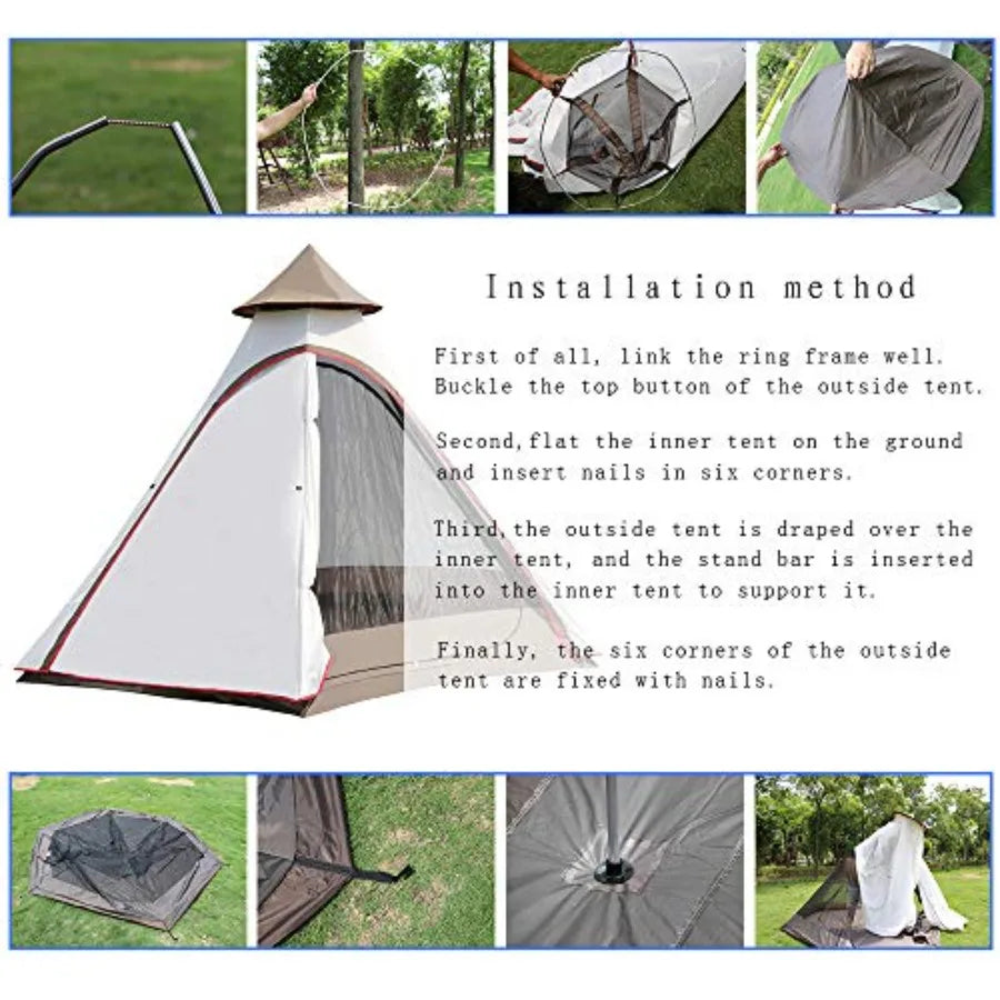 Family outdoor camping tent, polyester, gray, 12'x10'x8' dome shape with double layers for 4-season use, waterproof, anti-UV, w