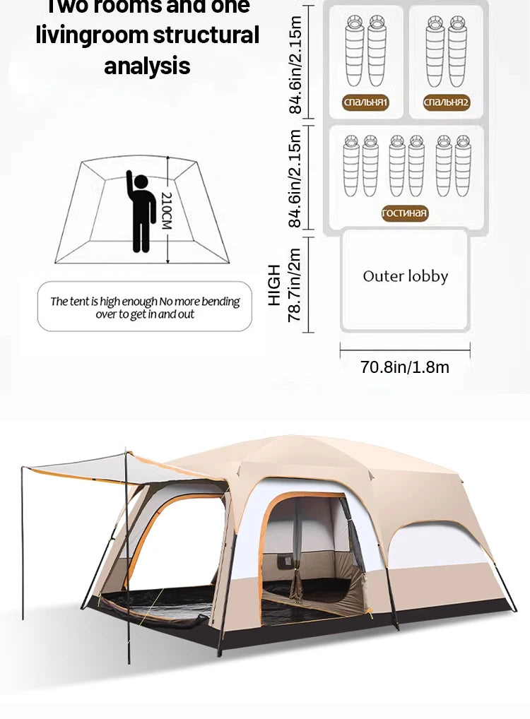 Outdoor Camping Family Tent 3-12 Person Double Layers Oversize 2 Rooms Thickened Rainproof Outdoor Family Camp Tour Equipment