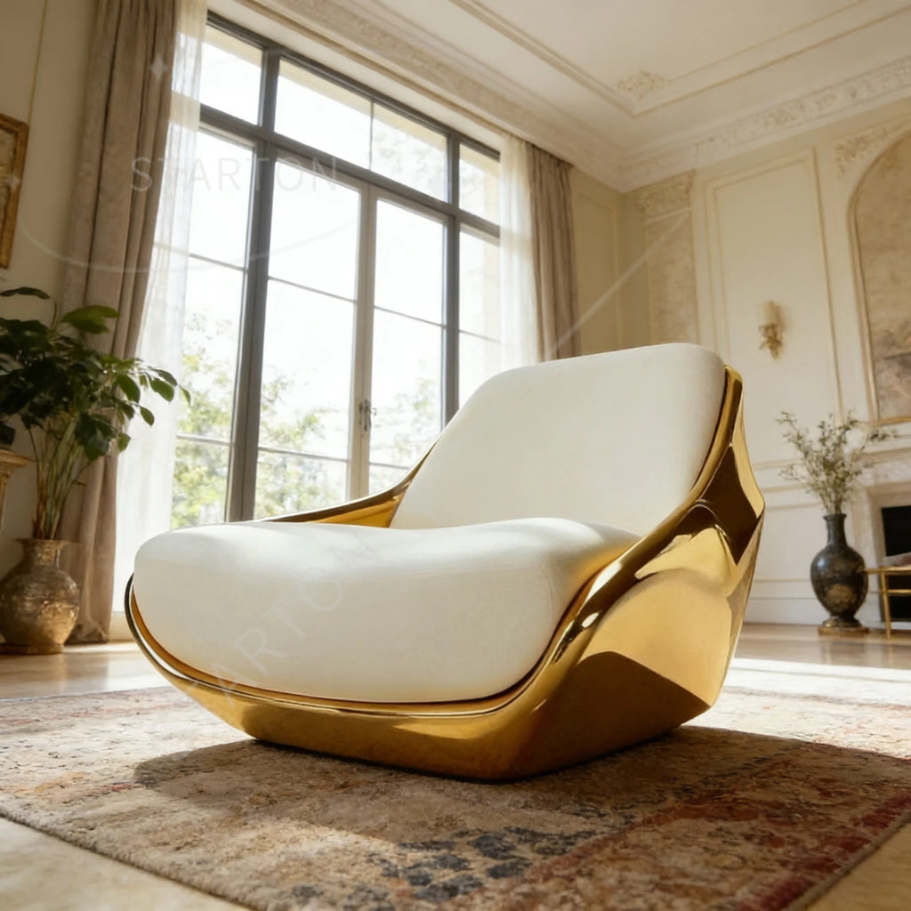 High-End Glamorous Accent Chair with Gold Fiberglass and White Upholstery for Upscale Home Interiors