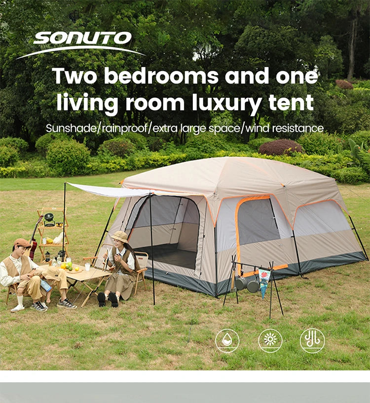 Outdoor Camping Family Tent 3-12 Person Double Layers Oversize 2 Rooms Thickened Rainproof Outdoor Family Camp Tour Equipment