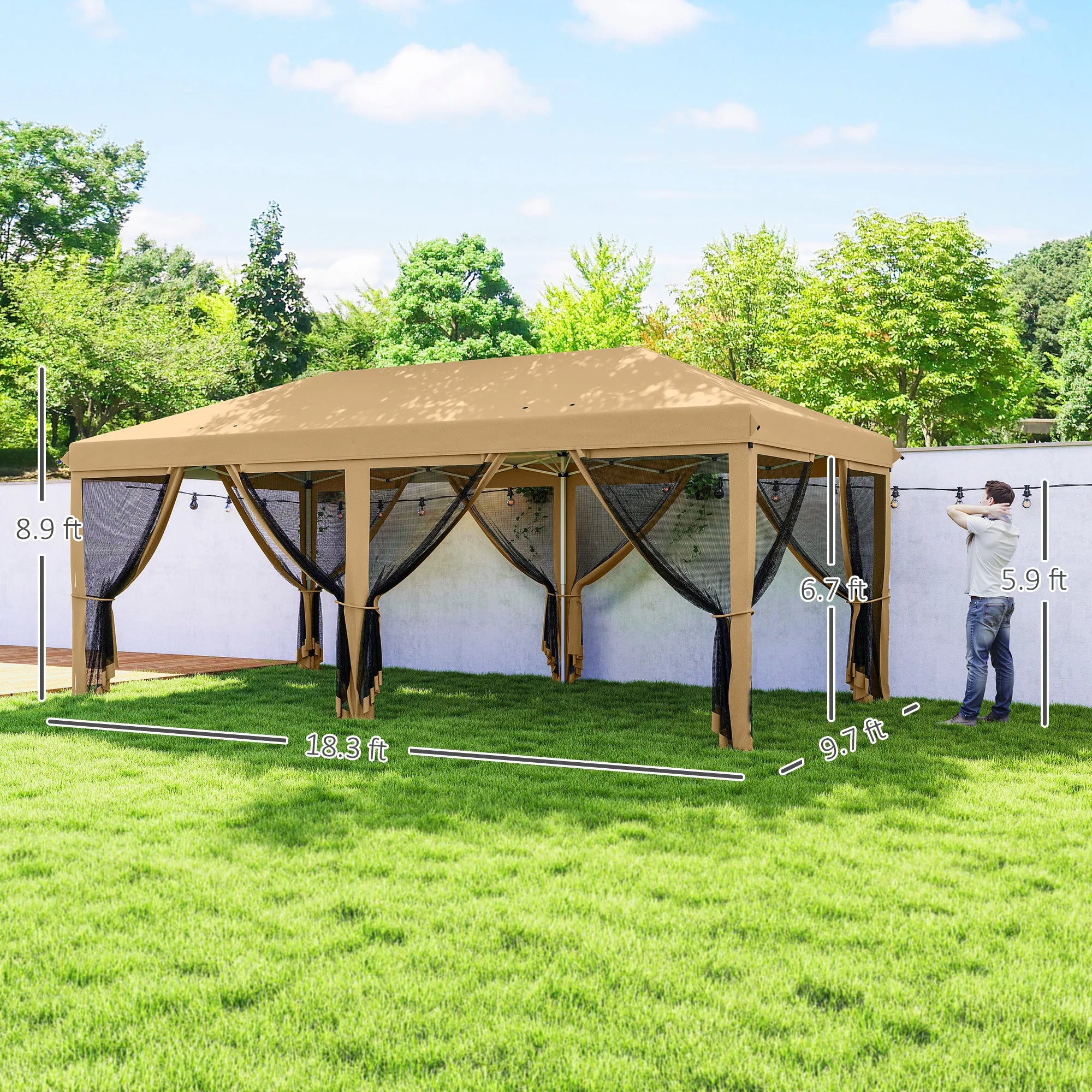 10x20 Pop Up Canopy Tent Water Resistant with Mesh Netting Heavy Duty Instant Sun Shelter Large Portable for Patio Garden Beige