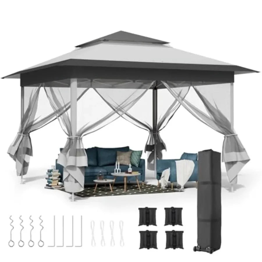 13Feet Pop Up Gazebo Outdoor   Tent w/4 Netting Sidewall Auto Extending Eave Patio Gazebos Shelter w/Mesh Wall Center Lock Whee