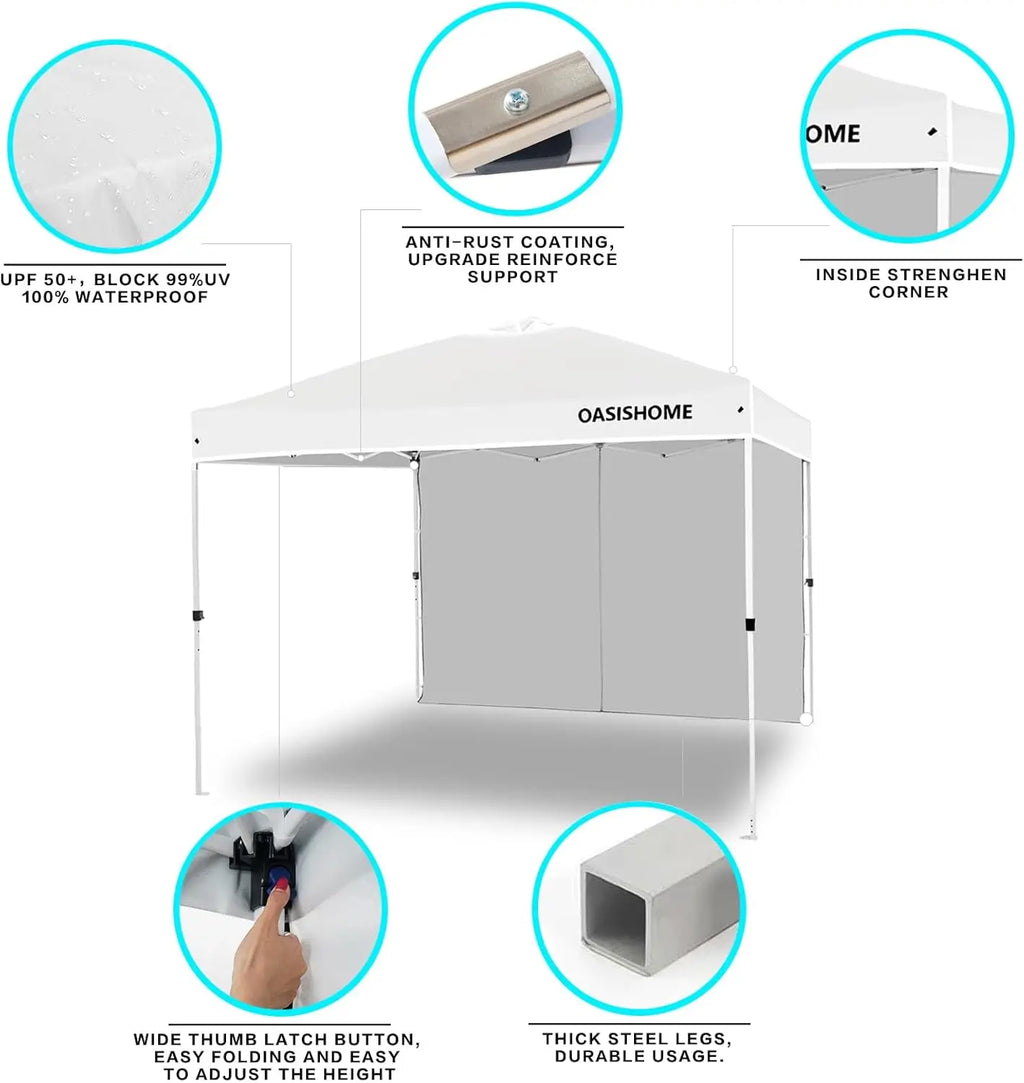 Tente pliante 10x10 avec paroi latérale, gazebo portable instantané pour extérieur, plage, patio, mariage et événements commerciaux, blanc