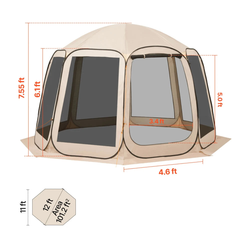 Pop-up Screen House Tent, 12 x 11 ft (approx. 3.7 x 3.4 m), screen gazebo for 10–12 people with extended awning, portable screened enclosure with carry bag and mesh walls, ideal for patios, backyards and outdoor activities