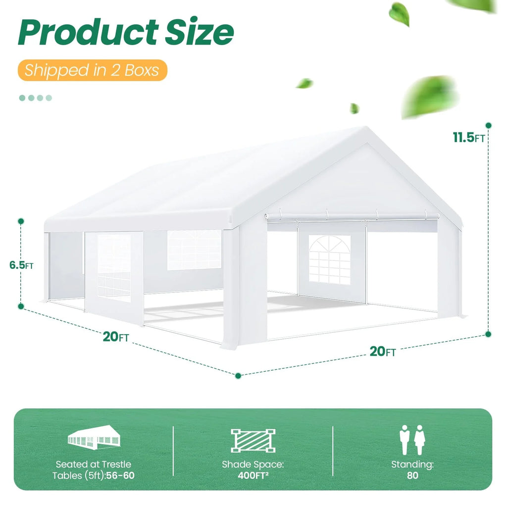 Tente de réception 20x20 pieds, robuste, avec auvent, abri de banquet, chapiteau, 4 parois latérales amovibles, 4 sacs de sable intégrés, grand gazebo commercial pour mariage, pavillon blanc imperméable anti-UV 50+