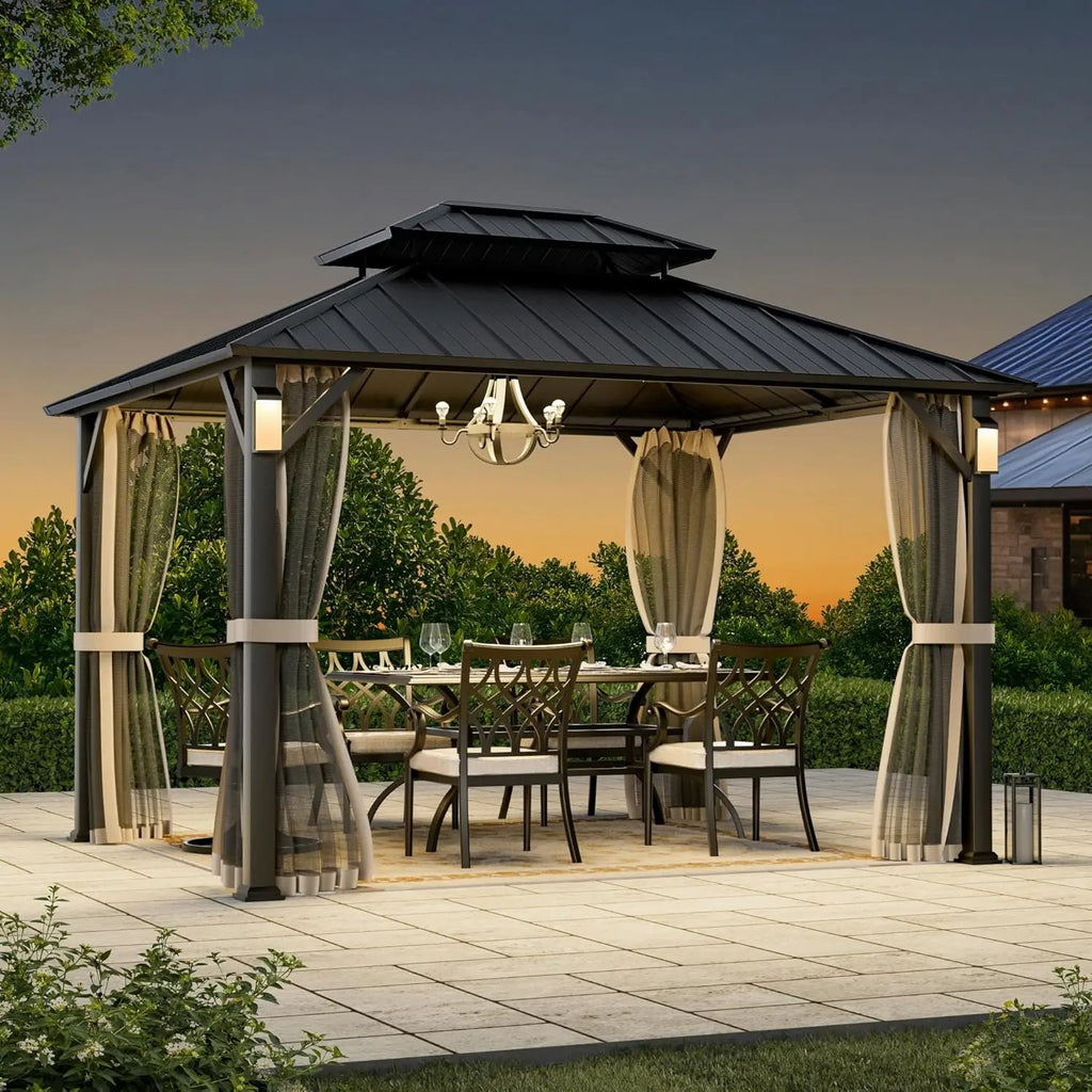 Hardtop & Permanent, Gazebo, 4 LED Lights & Galvanized Steel Frame, Modern Outdoor, 10'x12', Custom