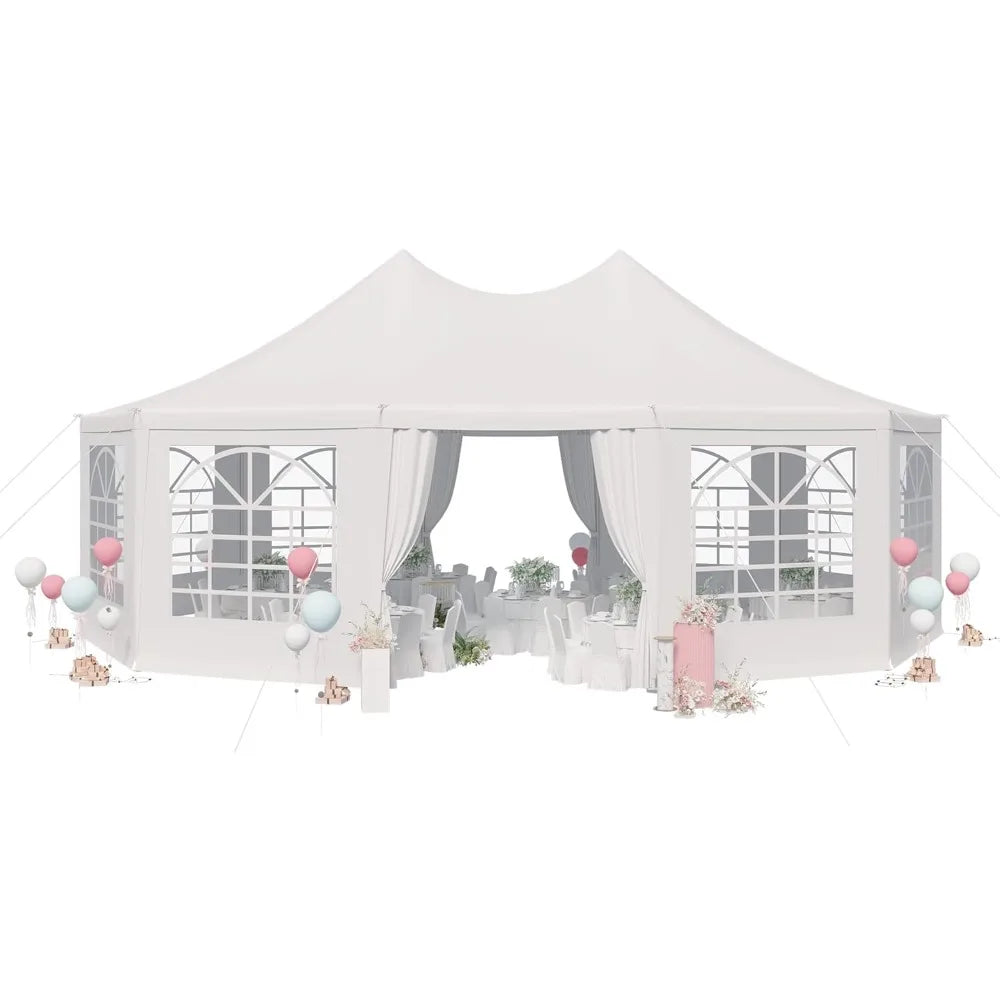 26'x19' Party Tent, White Wedding Tent, Decagonal Heavy Duty Canopy with 8 Removable Sidewalls, 8 Church Windows and 2 Pull-Bac