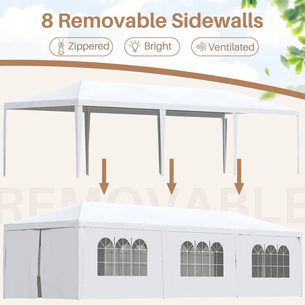 Abri de jardin 10x30 avec 6 parois latérales amovibles, gazebo robuste pour terrasse, camping, fêtes, mariages, événements, personnalisable