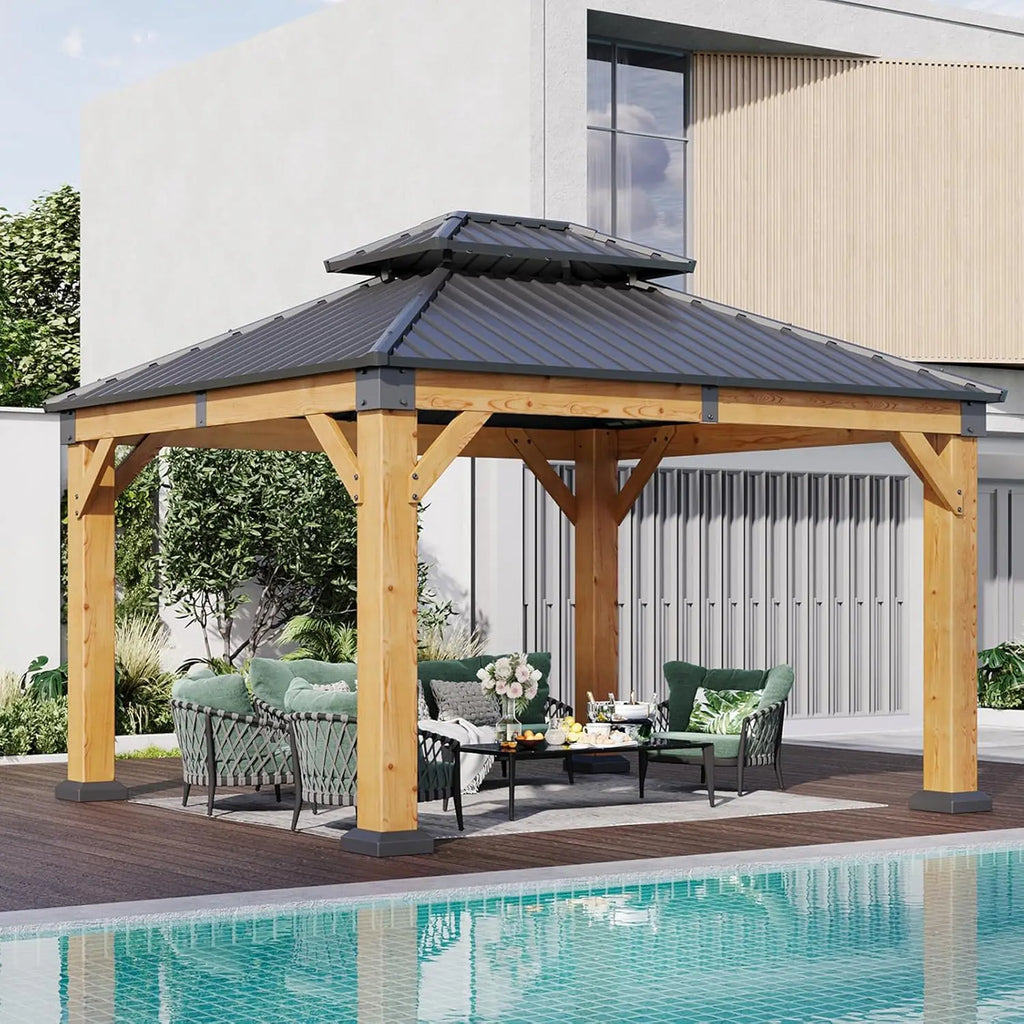Gazebo en bois d'extérieur, toit rigide, pavillon permanent, acier galvanisé, double toit, patio, jardin, terrasse, cèdre naturel, sur mesure