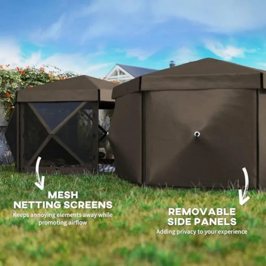 12' x 12' Hexagonal Pop Up Gazebo  Tent with 5 Sidewalls Waterproof Portable Outdoor  Shelter in Beige with Curtains Carry Bag