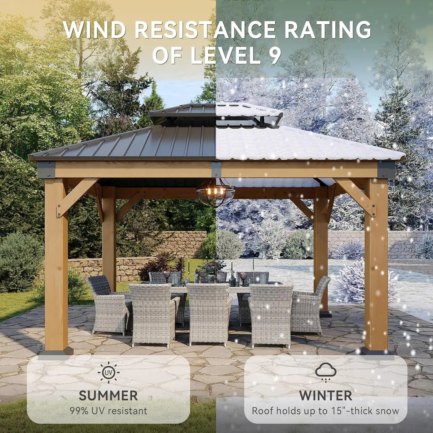 Gazebo en bois d'extérieur, toit rigide, pavillon permanent, acier galvanisé, double toit, patio, jardin, terrasse, cèdre naturel, sur mesure