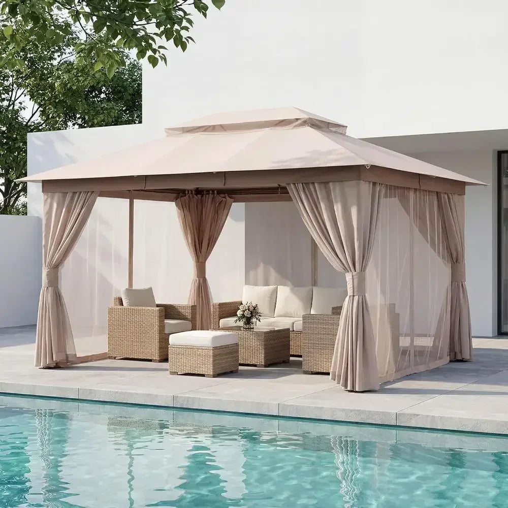 10'x13' Outdoor Gazebo with Double Roof, Mosquito Net, and Privacy for Backyard Parties and Events