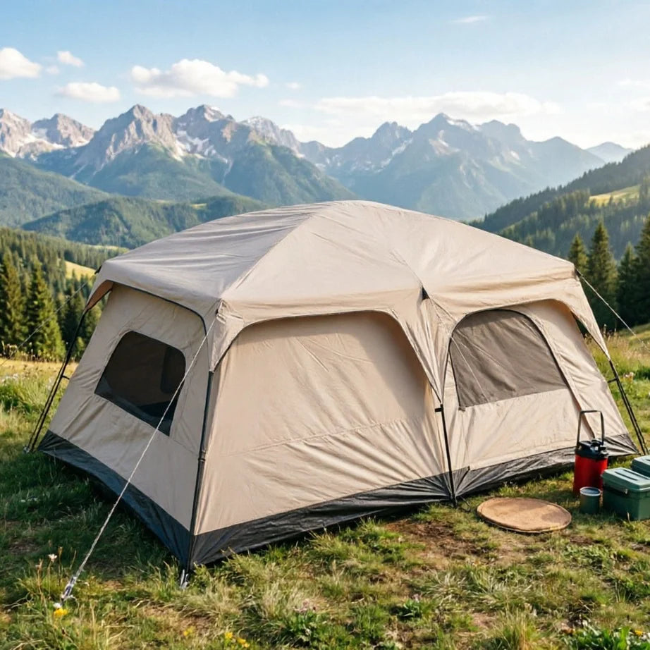 4/8/12-person large outdoor camping tent with a front awning; waterproof and UV-resistant. Features multiple mesh windows for excellent ventilation and mosquito protection; suitable for a variety of settings and all four seas