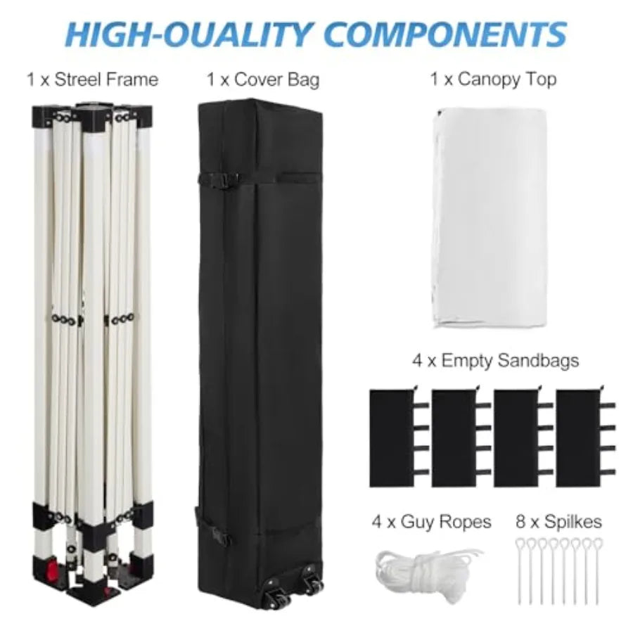Outdoor event canopy tent: white polyester, 10x10 ft, 1-button push setup, adjustable height, portable roller bag 4 weight bags
