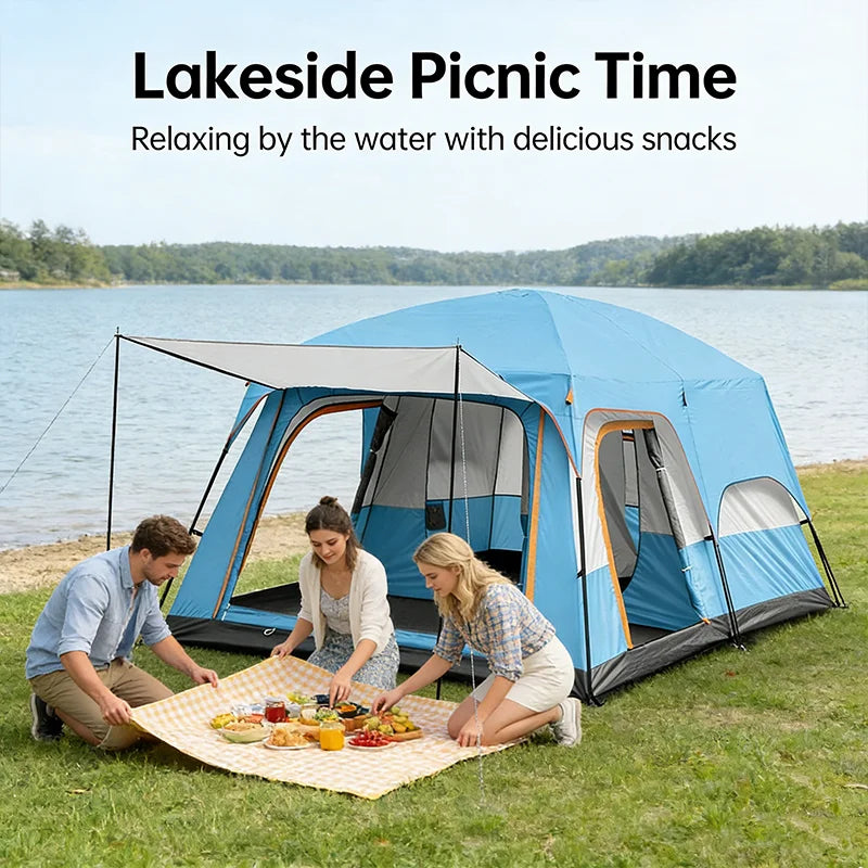 4/8/12-person outdoor family camping tent with a removable awning; spacious interior accommodates multiple people; multiple mesh windows provide ventilation and keep out mosquitoes; windproof, waterproof, and UV-resistant; su