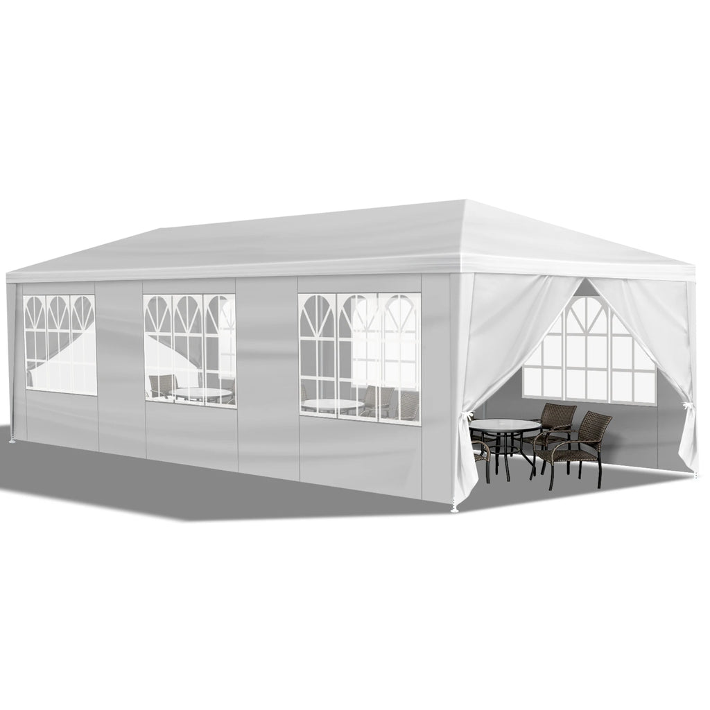 Tente de réception blanche 10'x30' avec 8 parois latérales amovibles, en tissu PE et structure en fer, gazebo d'extérieur imperméable avec fenêtres pour mariages, événements en plein air, abri de patio