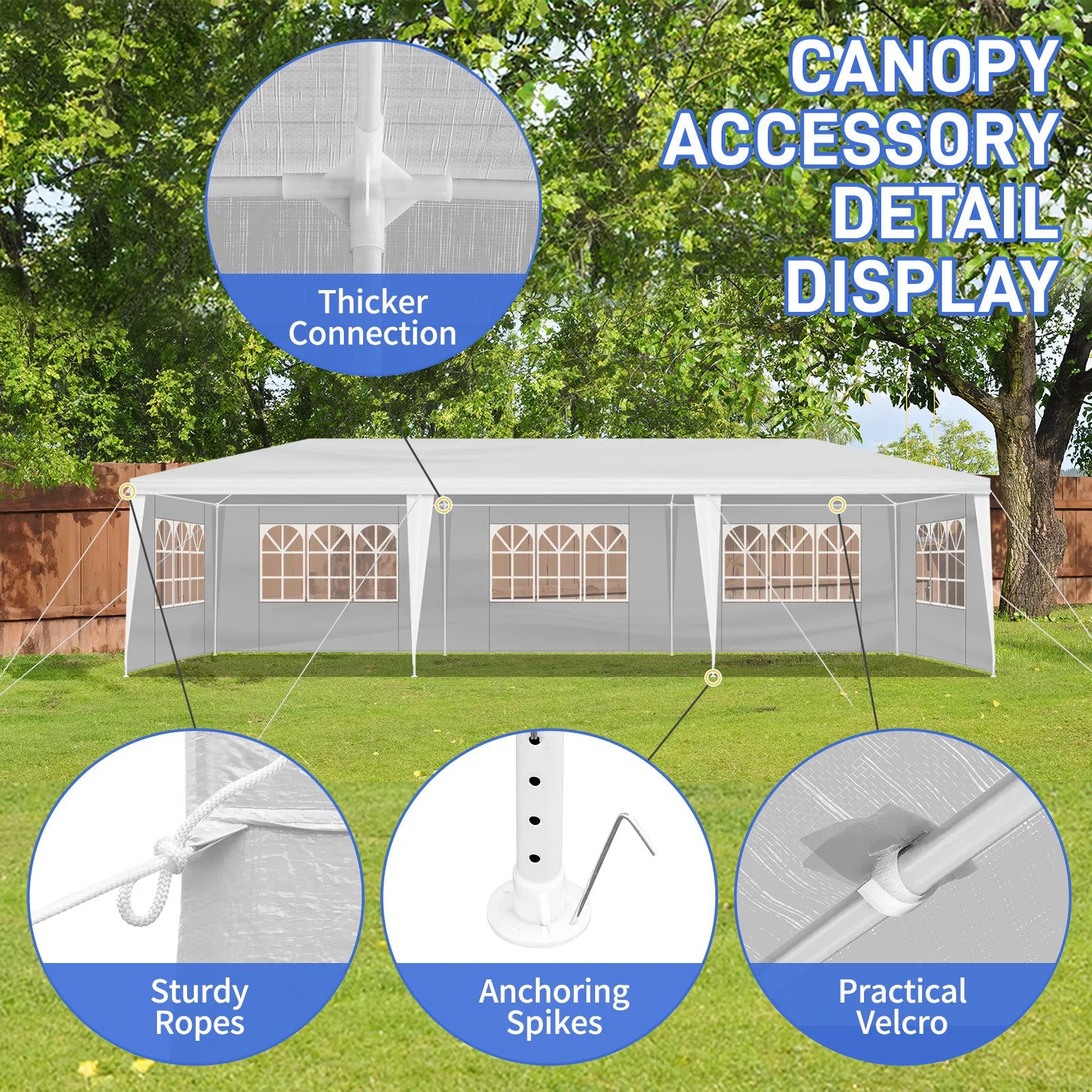 Tente de réception blanche 10'x30' avec 5 parois latérales amovibles, en tissu PE et structure en fer, imperméable et résistante aux UV, avec fenêtres, abri solaire de plage pour mariages, événements en extérieur, mar