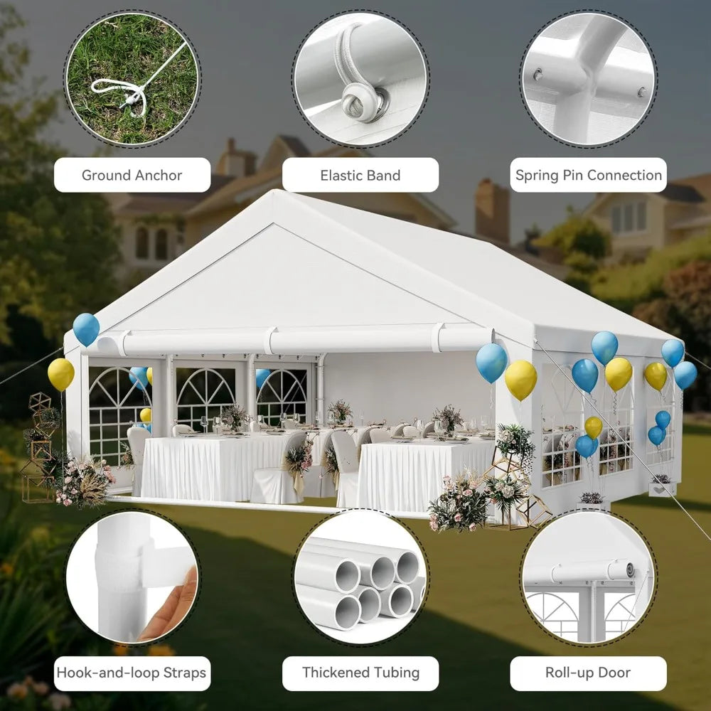 20x20FT Heavy Duty Party Tent Wedding Event Shelters Outdoor Upgraded Galvanized Canopy with Large White Roof, Removable PVC Si