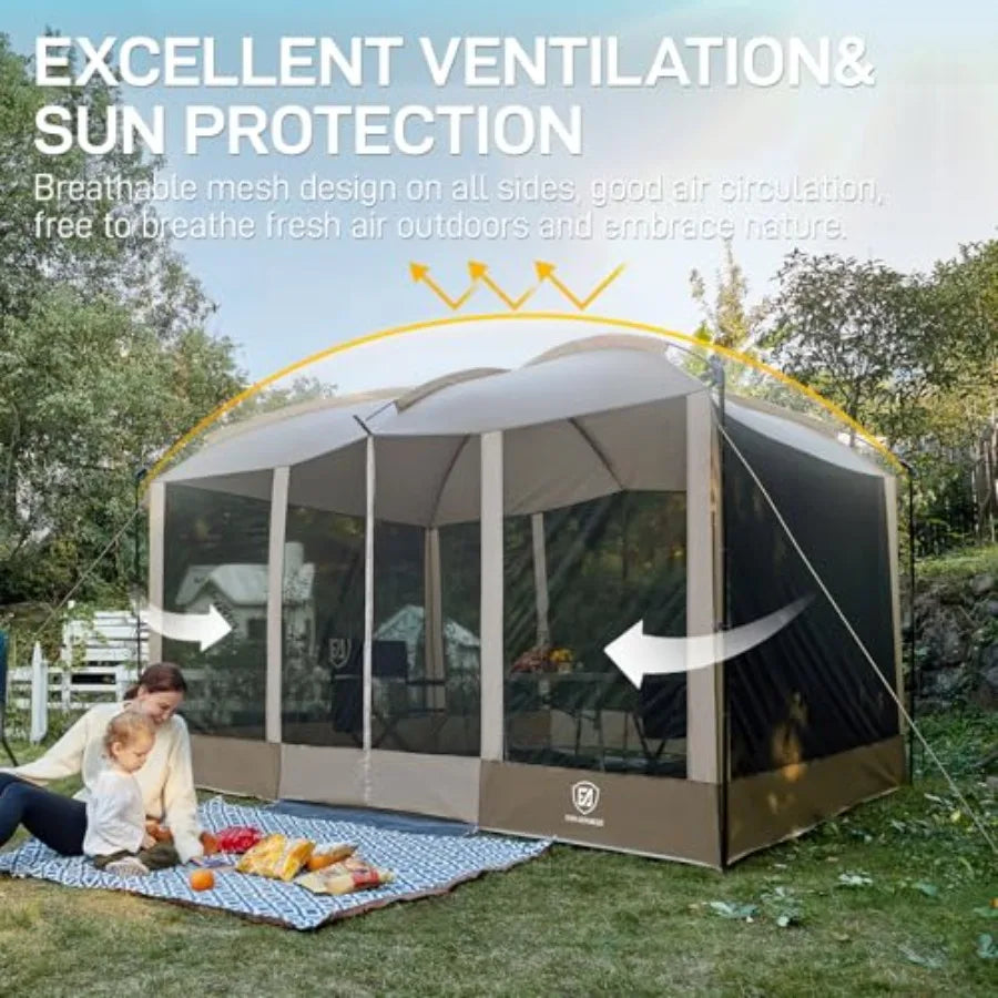 Magnetic Screen House Room 11x9ft for camping picnic, polyester mesh with silver coating, gray, hands-free entry and UV protect