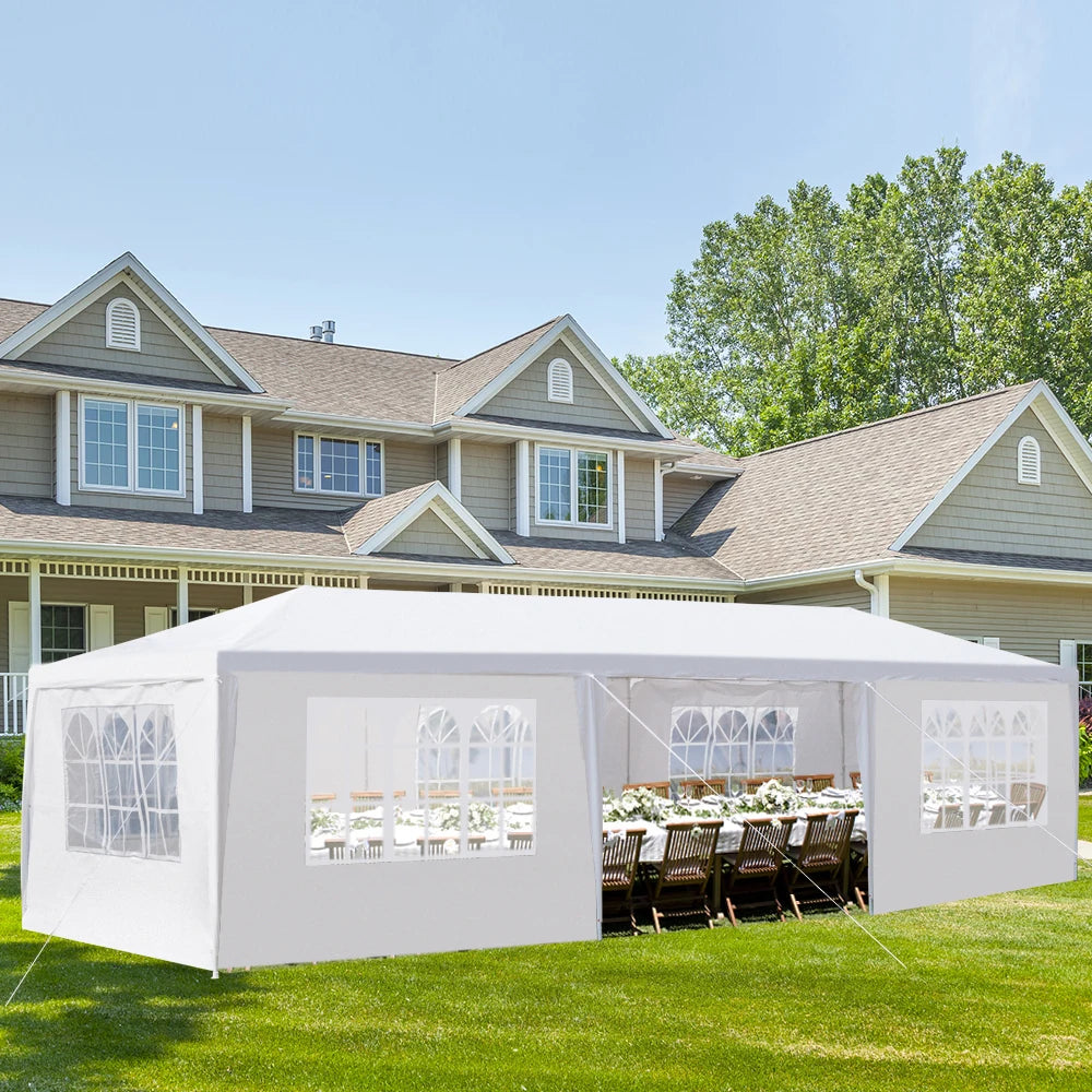 Tente de réception blanche 10'x30' avec 7 parois latérales amovibles, en tissu PE et structure en fer, abri de jardin imperméable avec fenêtres pour mariages, événements en extérieur, patios, ou comme abri commercial.
