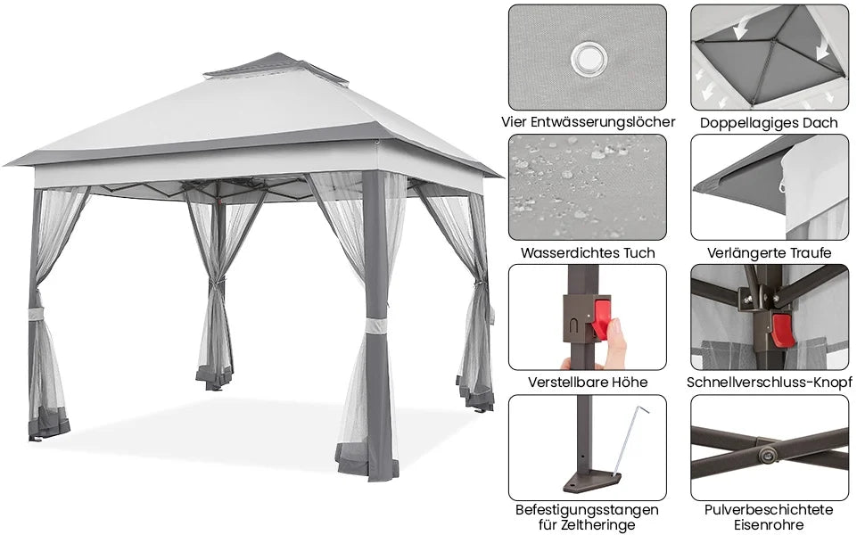 Gazebo 3.3x3.3m Waterproof Stable Pop Up Folding Gazebo, Adjustable Garden Gazebo with 4 Mosquito Net Side Panels & Double Roof