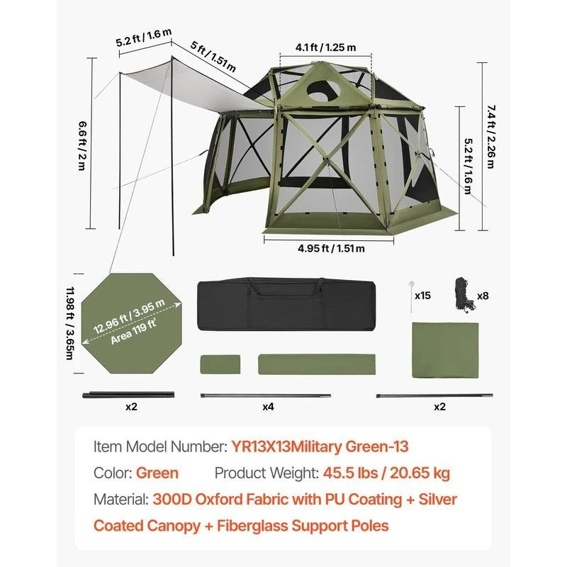 Pop up Gazebo Screen Tent, 13 x 13 ft, 13-Sided Spherical Camping Canopy Tent with Removable Top & Carry Bag, Quick-Set & Bite-Proof, Screen House Sun Shelter for 10-12 Persons, Green
