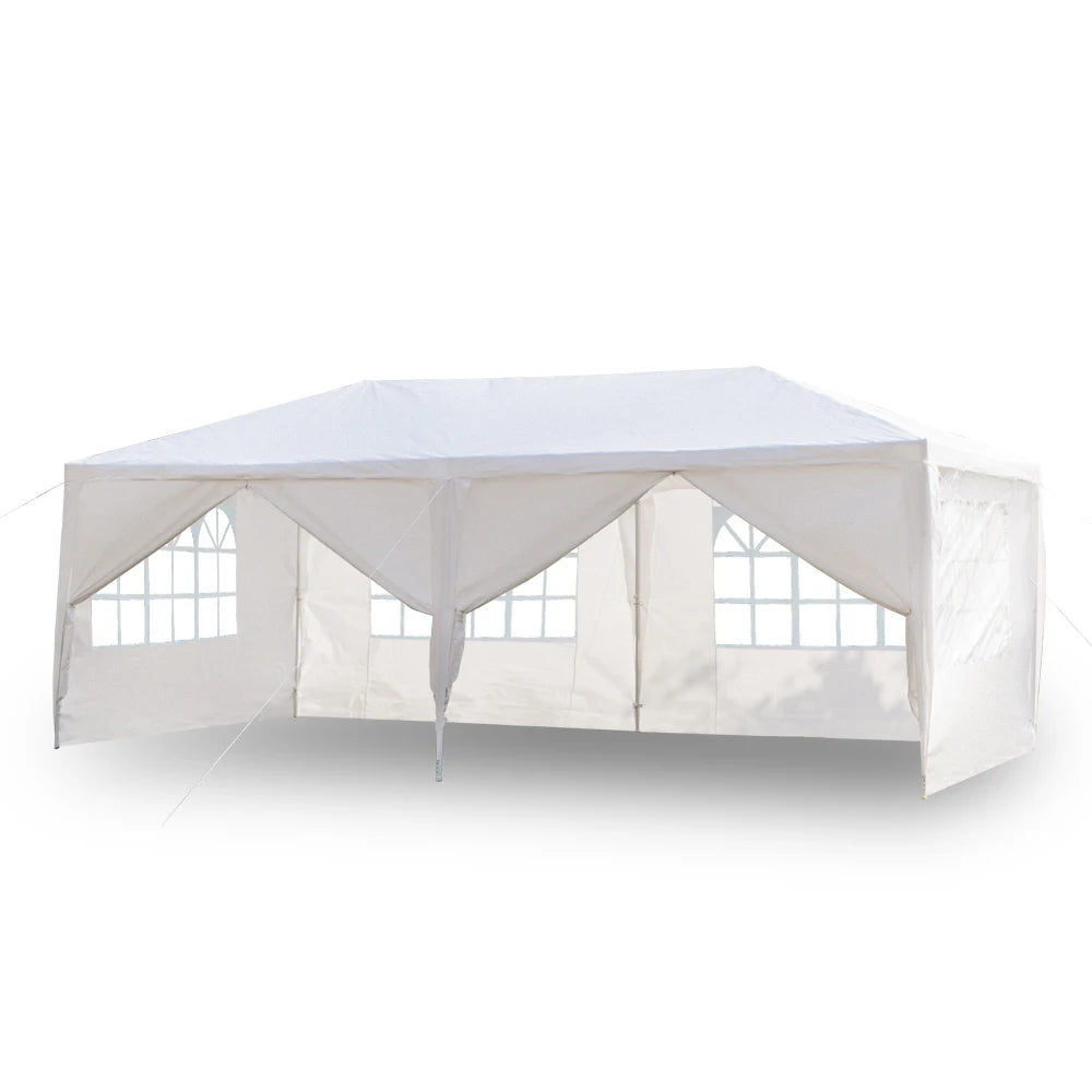 Tente de réception blanche 10'x20' avec 6 parois latérales amovibles, en tissu PE et structure en fer, gazebo d'extérieur imperméable avec fenêtres pour mariages, événements en plein air, abri de patio, usage commercia