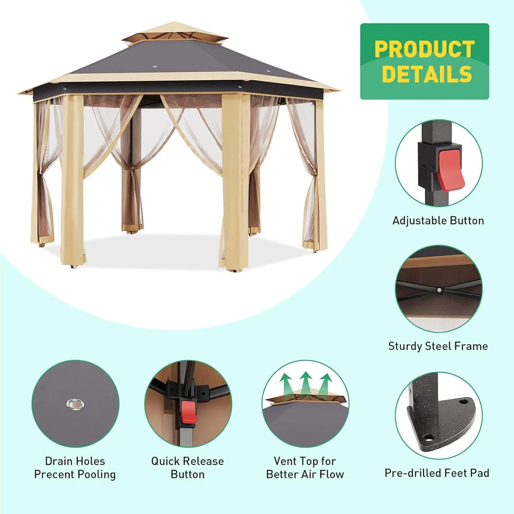 Tonnelle pop-up robuste 13x13 pieds à 6 côtés – Toit à double ventilation, fenêtres en maille, moustiquaire, réglable, personnalisable