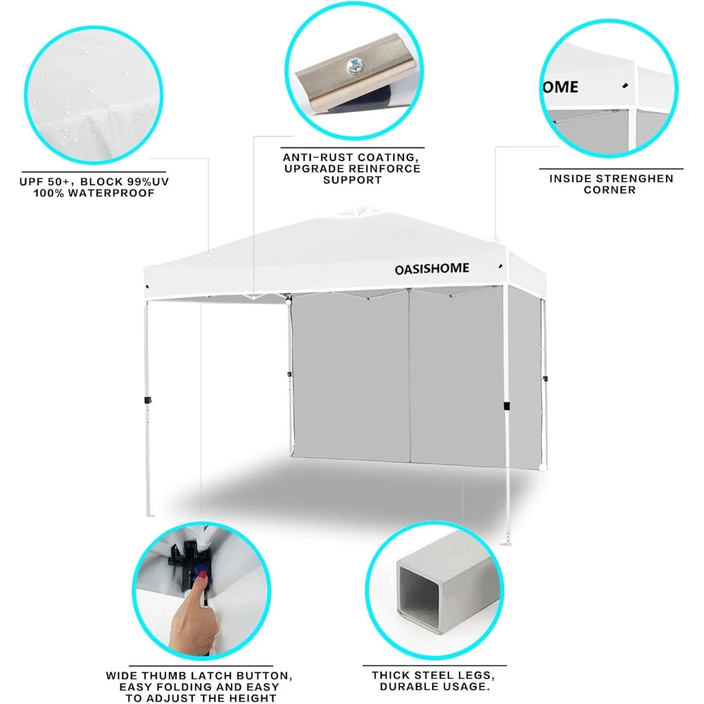 Tente pliante 10x10 avec paroi latérale, gazebo portable instantané pour extérieur, plage, patio, mariage et événements commerciaux, blanc