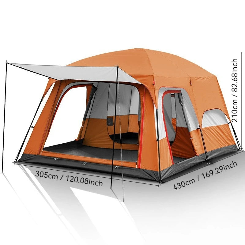 4/8/12-person outdoor family camping tent with a removable awning; spacious interior accommodates multiple people; multiple mesh windows provide ventilation and keep out mosquitoes; windproof, waterproof, and UV-resistant; su