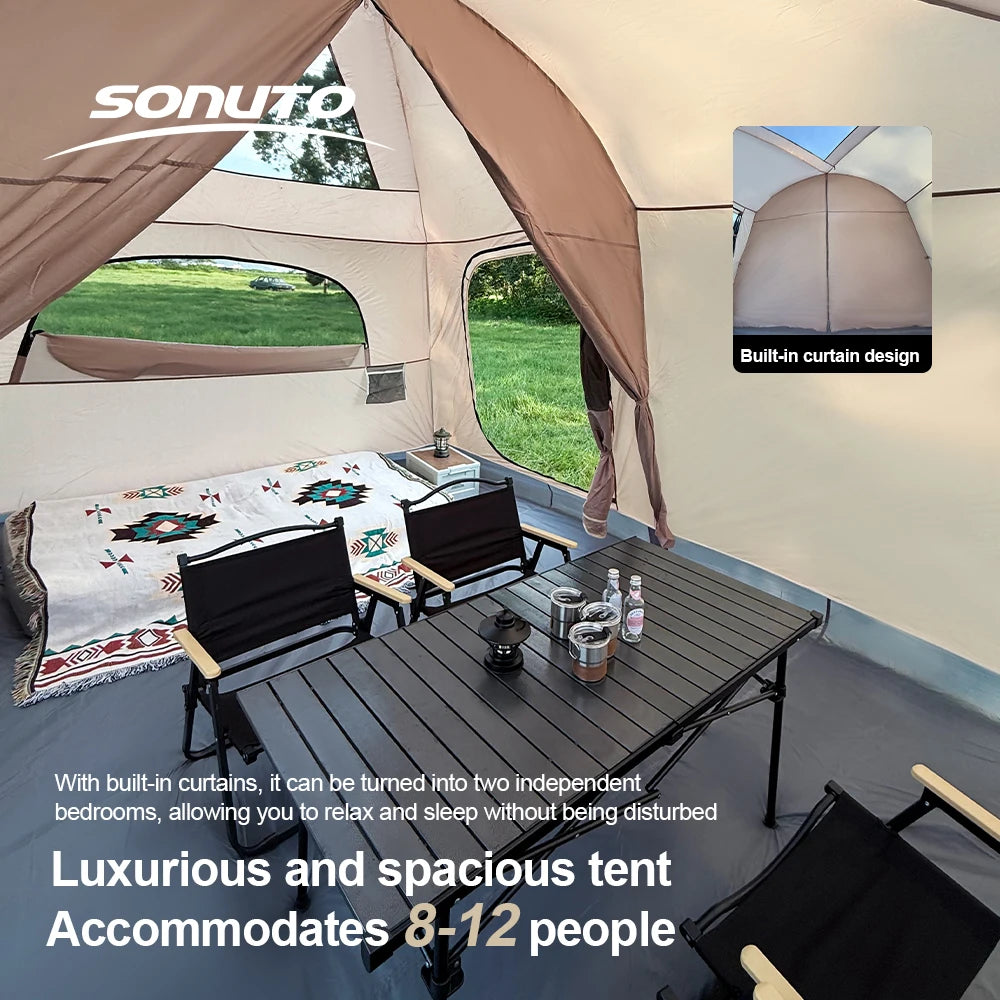 2025 8-12 P Family Camping Tent Extra Large Waterproof Windproof 2 Room Tent with Sun Protection Carry Bag Easy Setup Outdoor