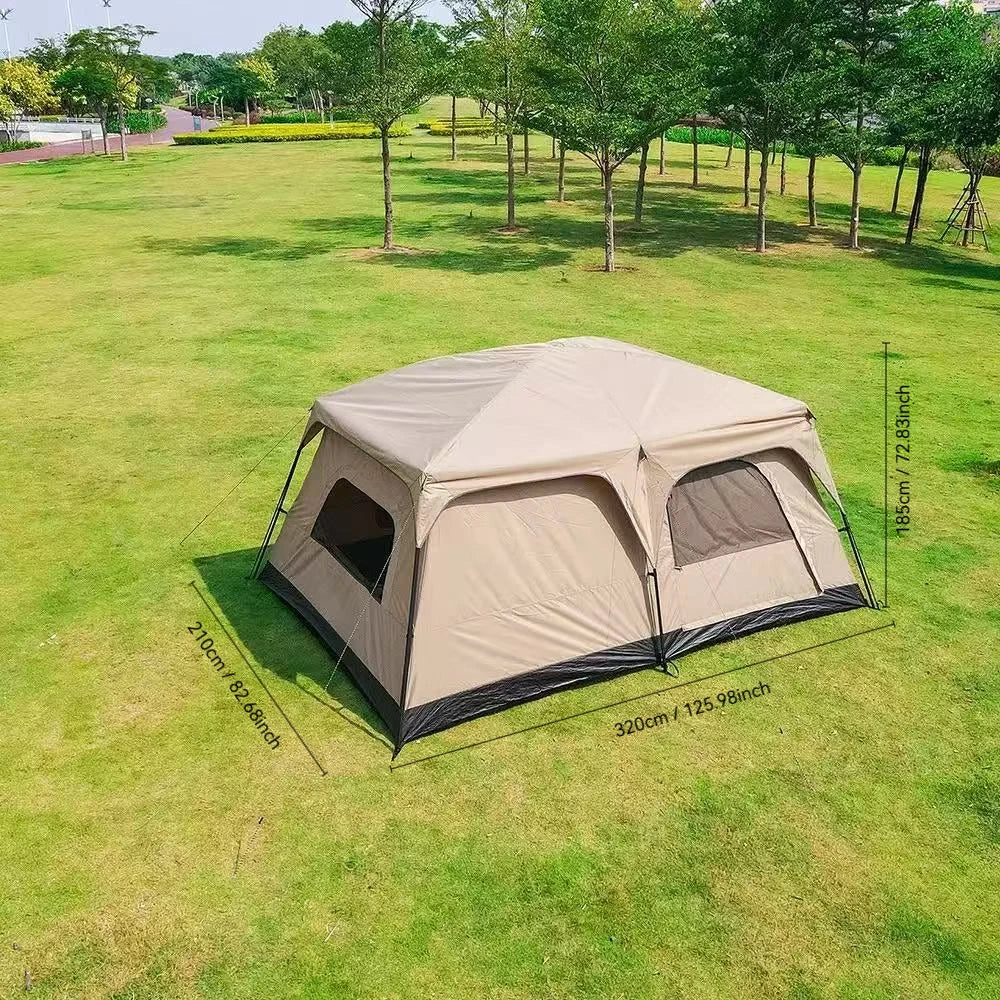 4/8/12-person large outdoor camping tent with a front awning; waterproof and UV-resistant. Features multiple mesh windows for excellent ventilation and mosquito protection; suitable for a variety of settings and all four seas