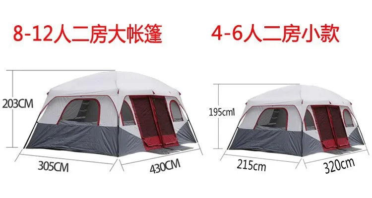 2026New Outdoor 8-12 People Double Rain And Sun Protection Family Road Trip Picnic Camping Two Rooms Tent