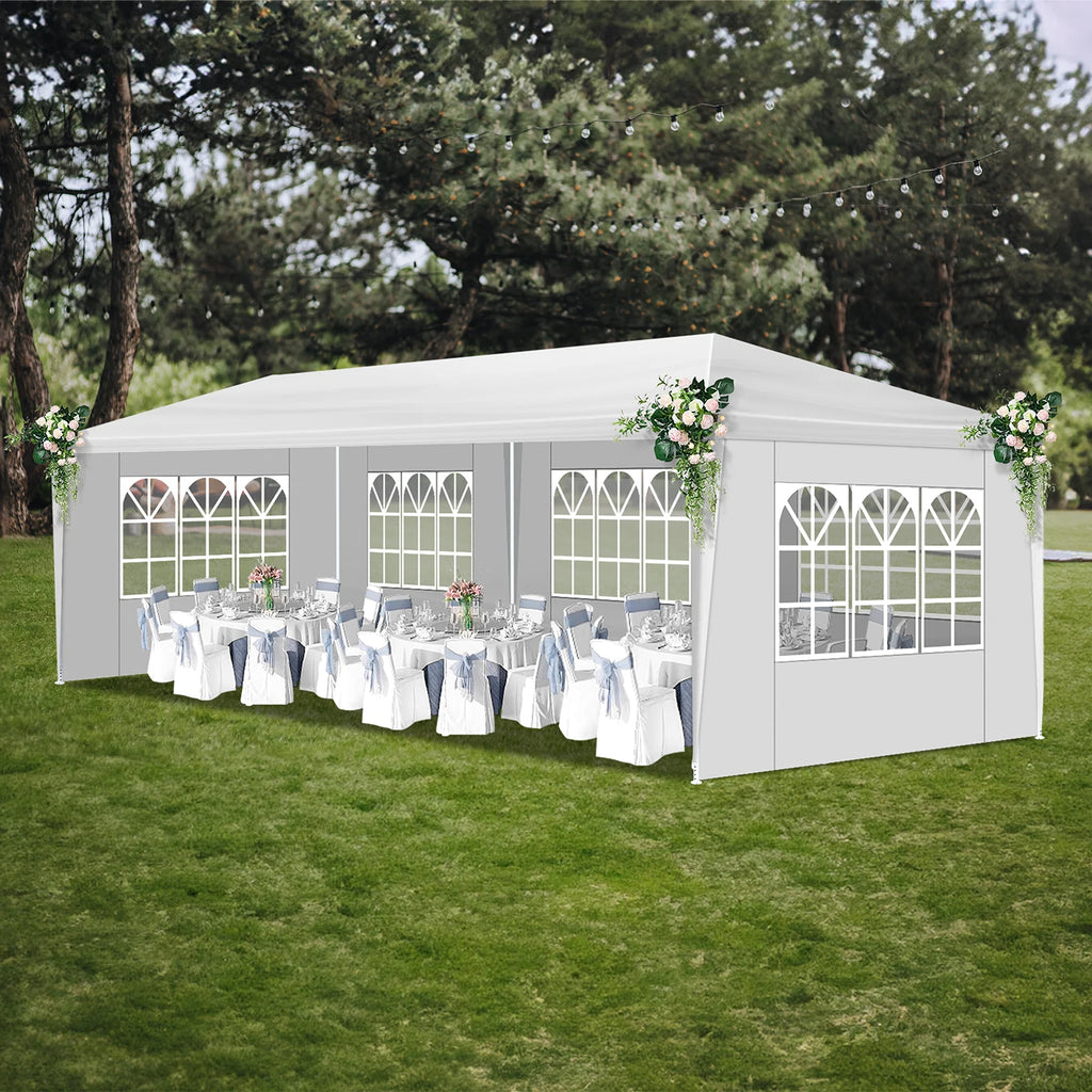 Tente de réception blanche 10'x30' avec 5 parois latérales amovibles, en tissu PE et structure en fer, imperméable et résistante aux UV, avec fenêtres, abri solaire de plage pour mariages, événements en extérieur, mar