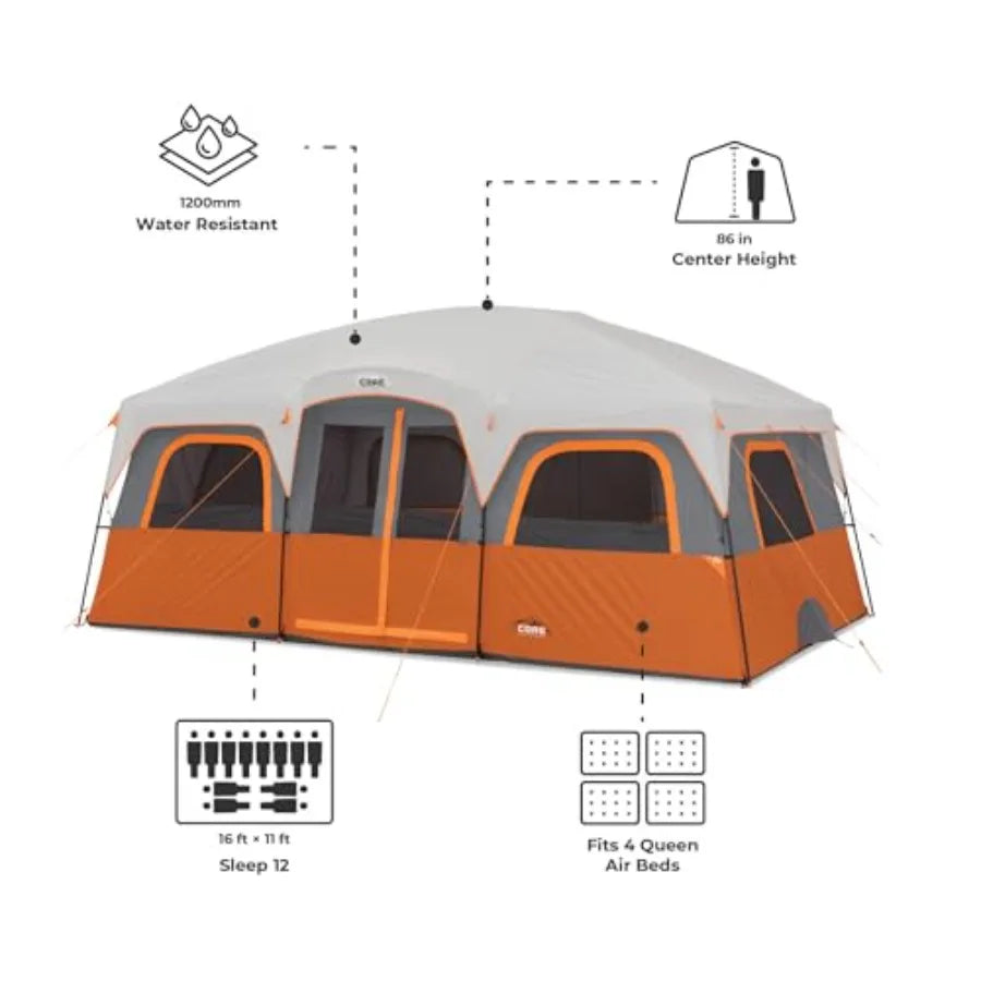 Family camping tent for 10-12 persons, multi-room cabin design, polyester fabric, gray-green color, waterproof and quick-setup