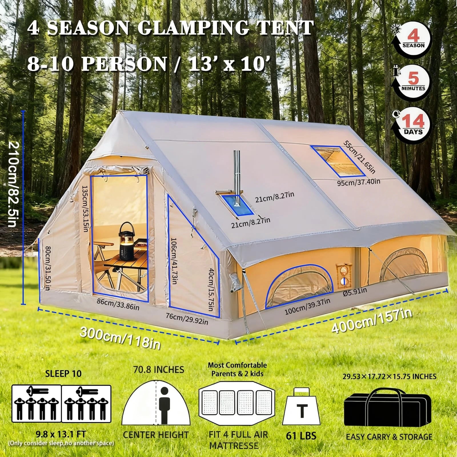 Portable Outdoor Waterproof Four Seasons Family Camping Tent 8-10 People Oxford Fabric Fashion Rooftop Travel Inflatable Triple