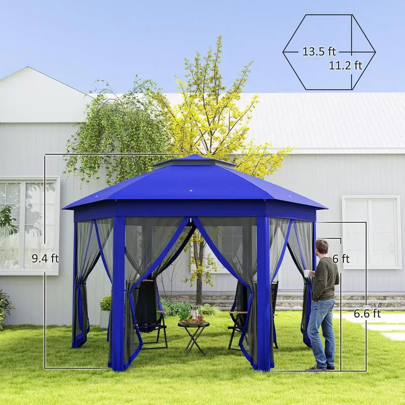 Abri de jardin hexagonal pliable 13' x 13' avec 6 moustiquaires zippées pour patio, jardin, mariage ou fête