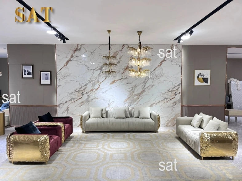 mz-Luxury Furniture Italian High-end Luxury Gold Stainless Steel Pattern Sofa Couch Living Room Sofa for Villa~