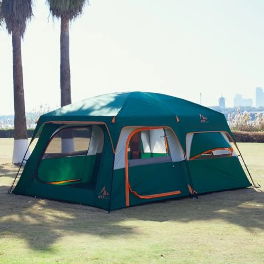 Extra Large Tent 12-14 Person, Family Cabin Tents, 2 Bay-Windows, 2 Rooms and 3 Doors 3 Windows with Mesh, Waterproof, Straight