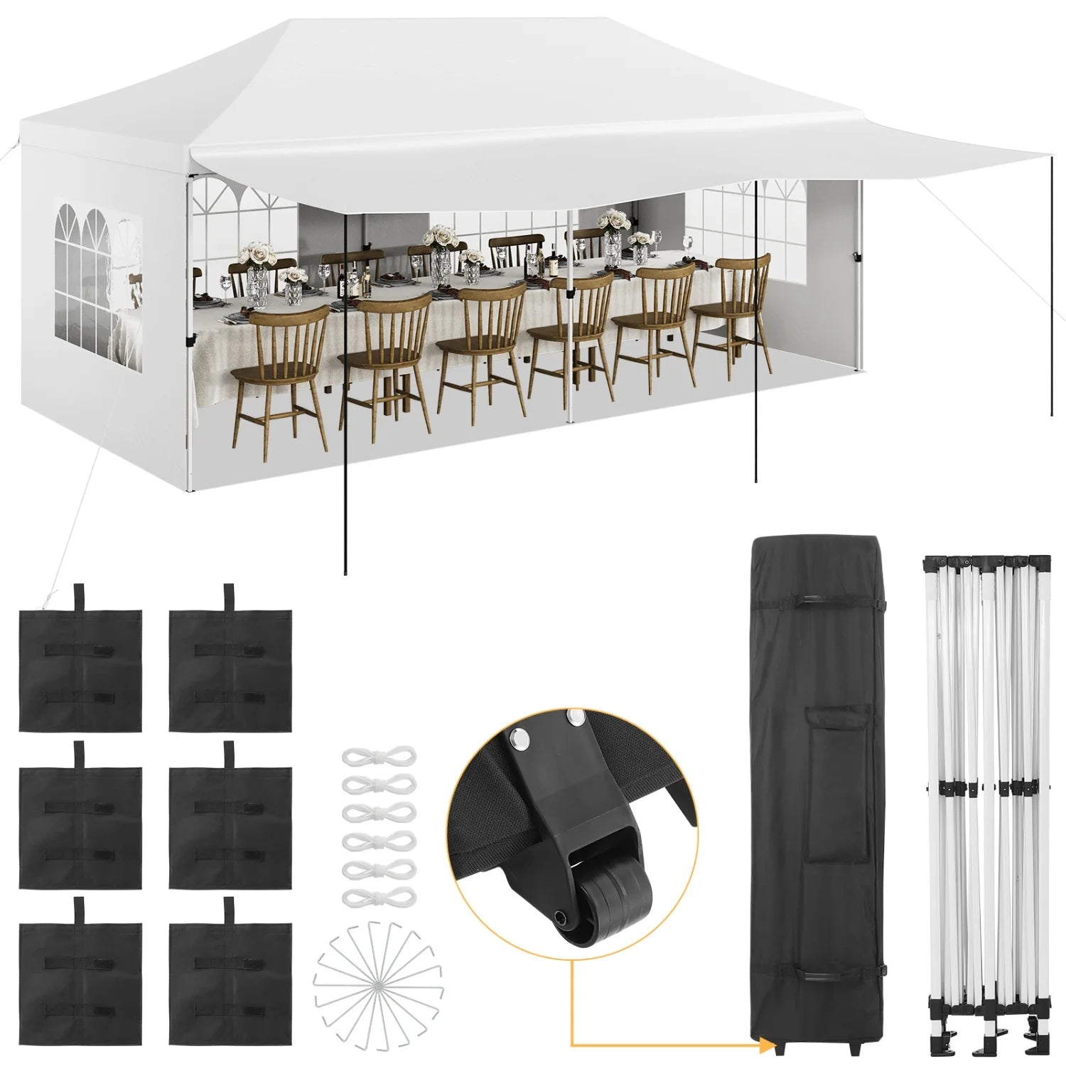 Tonnelle pliante robuste 10x20 pieds - Abri d'extérieur imperméable pour événements - Parois latérales et auvent amovibles, protection UV, pieds épaissis, sac à roulettes, 6 sacs de sable - Idéal pour les fêtes, la t