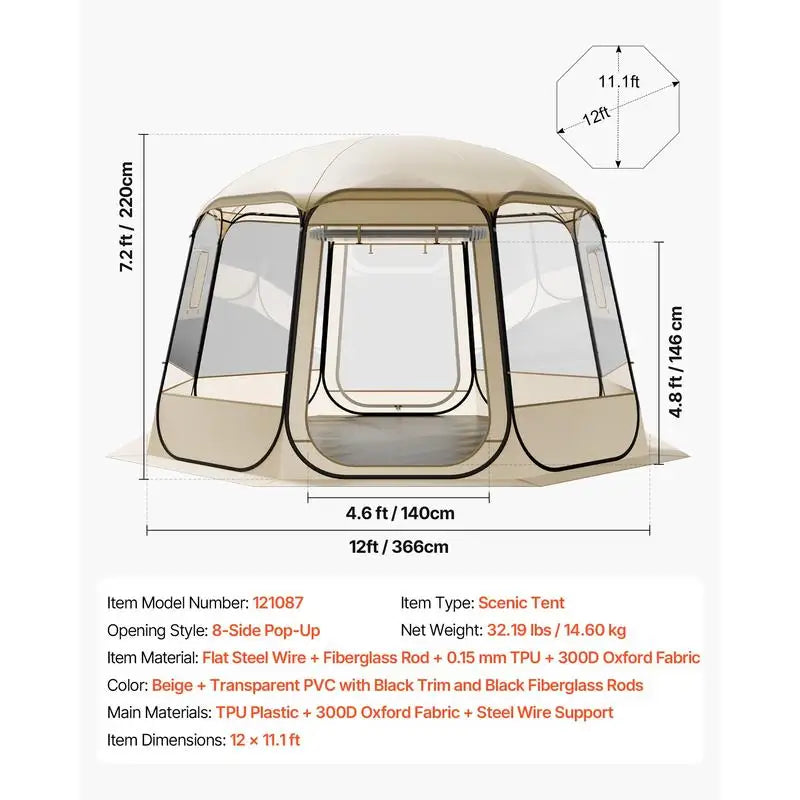 Pop-up bubble tent, 366 x 345 x 220 cm, transparent camping tent, garden dome igloo tent with windows, sports tent, 540° panoramic view, for 10-12 people, terrace, backyard