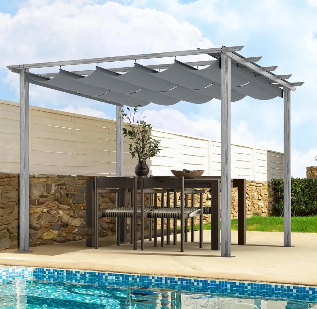 10' X 13' Outdoor Retractable Pergola Canopy for Deck, Backyard, Patio, Aluminum Pergola with Sun Canopy, Includes Ground Studs