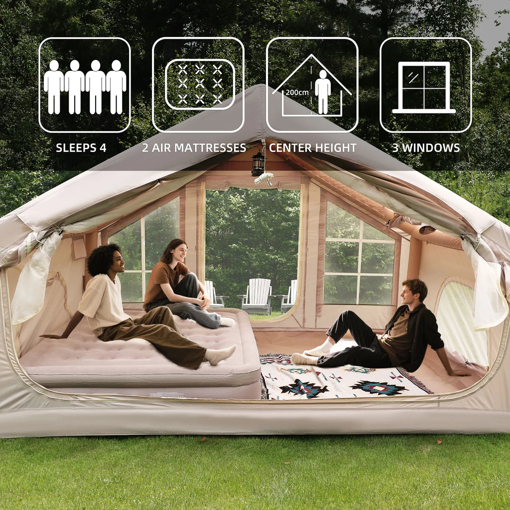 Instant Inflatable Tent for 4/6 Person Camping Quick Setup Family Tent with Integrated Ventilation All-Weather Waterproof Wind