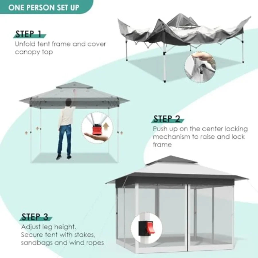 13Feet Pop Up Gazebo Outdoor   Tent w/4 Netting Sidewall Auto Extending Eave Patio Gazebos Shelter w/Mesh Wall Center Lock Whee